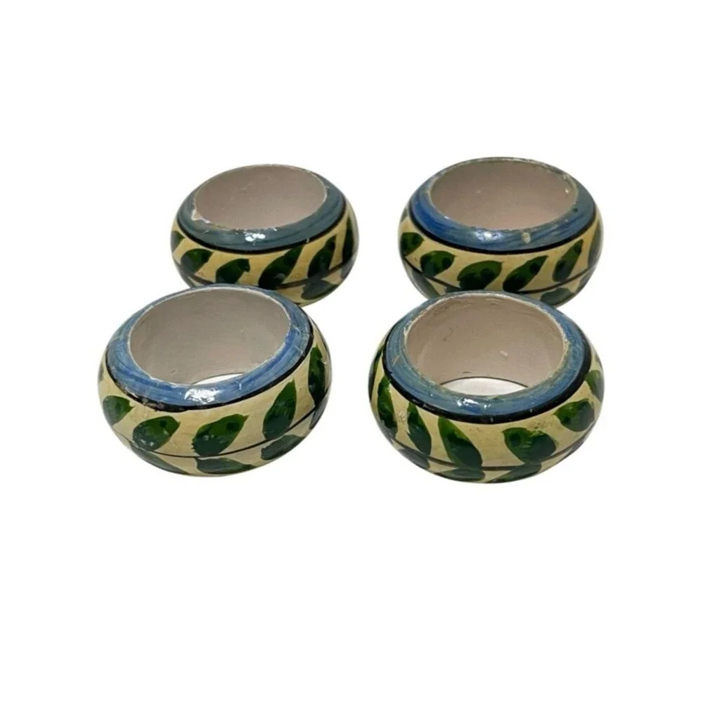 Hand Painted Green Leaf Vine Napkin Rings Multicolor Shabby Chic Cottage 4 Set